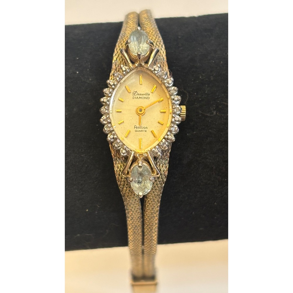 1980s Gold Tone Cocktail Armitron Deauville Diamond Watch Blue Stones 25/5054